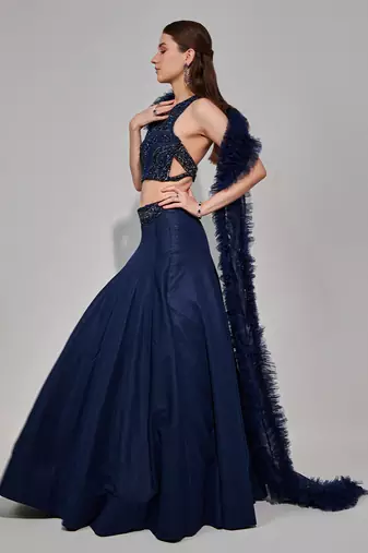 Midnight Blue Multi Layered Kali Lehenga With One Shoulder Blouse And Attached Ruffle Dupatta