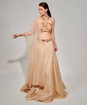 Ivory Cut Work Halter Neck Blouse And Lehenga Set 5