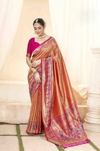 Rust tissue silk blend saree with unstitched tissue blouse piece
