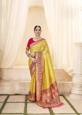 Yellow tissue silk blend saree with unstitched tissue blouse piece 1