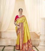 Yellow tissue silk blend saree with unstitched tissue blouse piece