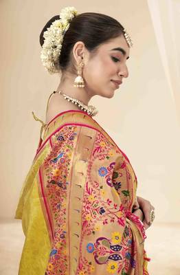 Yellow tissue silk blend saree with unstitched tissue blouse piece 2