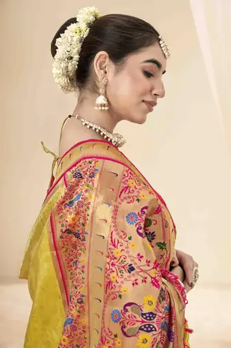 Yellow tissue silk blend saree with unstitched tissue blouse piece