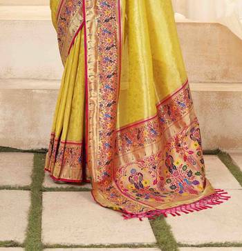 Yellow tissue silk blend saree with unstitched tissue blouse piece 3