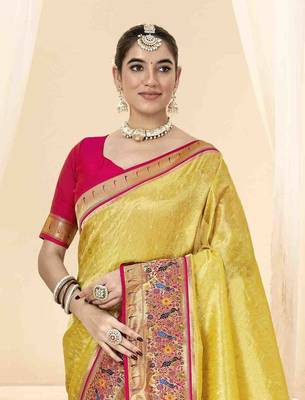 Yellow tissue silk blend saree with unstitched tissue blouse piece 4