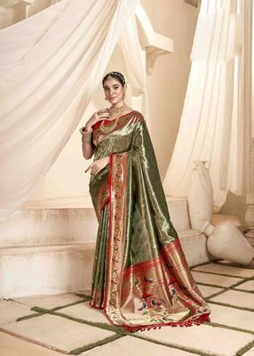 Mehndi tissue silk blend saree with unstitched tissue blouse piece 1