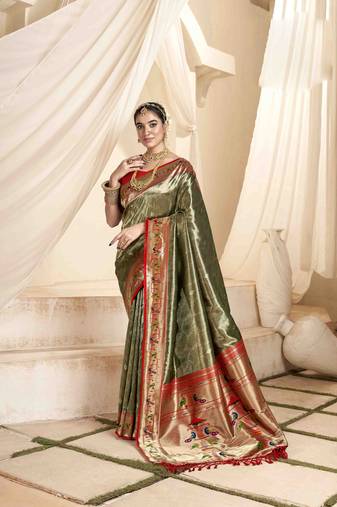 Mehndi tissue silk blend saree with unstitched tissue blouse piece
