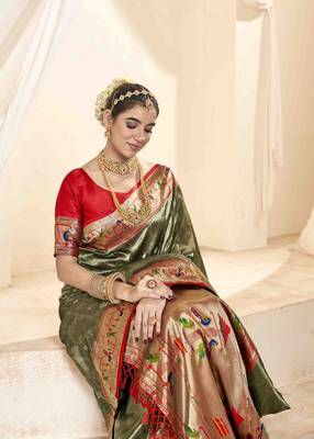 Mehndi tissue silk blend saree with unstitched tissue blouse piece 2