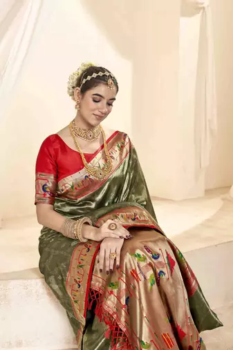 Mehndi tissue silk blend saree with unstitched tissue blouse piece