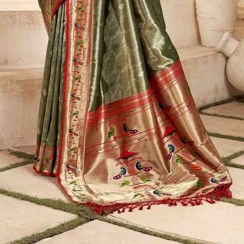 Mehndi tissue silk blend saree with unstitched tissue blouse piece 3