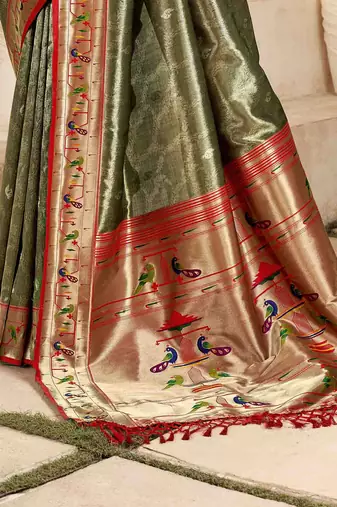 Mehndi tissue silk blend saree with unstitched tissue blouse piece