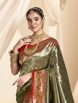 Mehndi tissue silk blend saree with unstitched tissue blouse piece 4