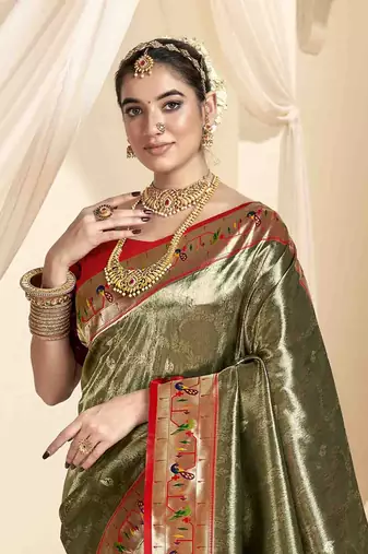 Mehndi tissue silk blend saree with unstitched tissue blouse piece