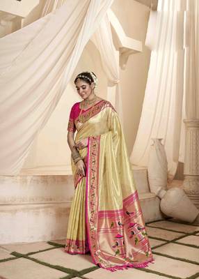 Beige tissue silk blend saree with unstitched tissue blouse piece 1