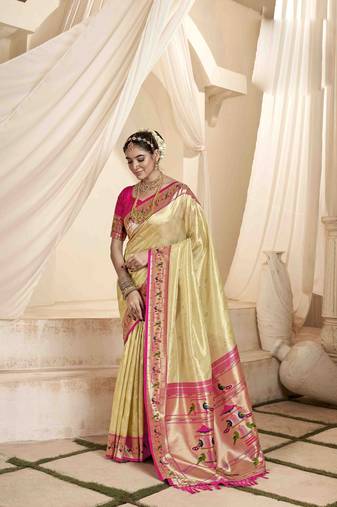Beige tissue silk blend saree with unstitched tissue blouse piece