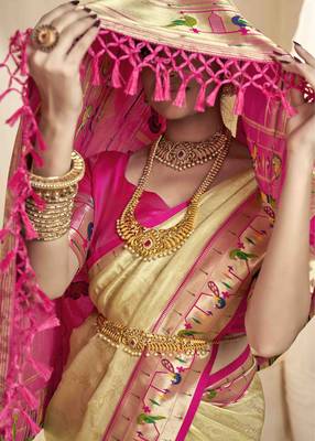 Beige tissue silk blend saree with unstitched tissue blouse piece 2