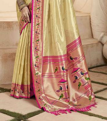 Beige tissue silk blend saree with unstitched tissue blouse piece 3