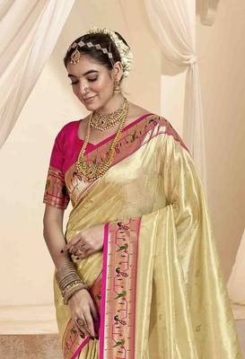 Beige tissue silk blend saree with unstitched tissue blouse piece 4
