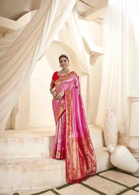 Pink tissue silk blend saree with unstitched tissue blouse piece 1