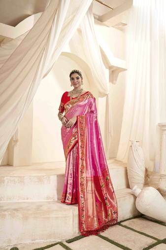 Pink tissue silk blend saree with unstitched tissue blouse piece