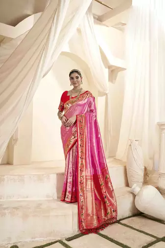 Pink tissue silk blend saree with unstitched tissue blouse piece