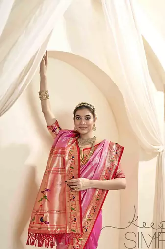 Pink tissue silk blend saree with unstitched tissue blouse piece