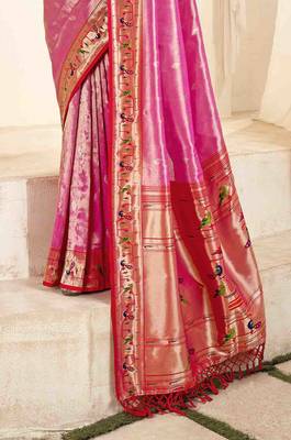 Pink tissue silk blend saree with unstitched tissue blouse piece 3