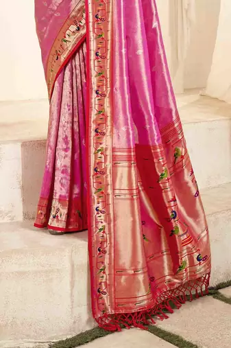 Pink tissue silk blend saree with unstitched tissue blouse piece
