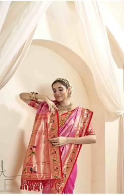 Pink tissue silk blend saree with unstitched tissue blouse piece 4