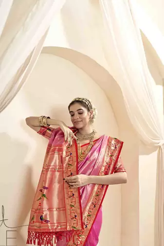 Pink tissue silk blend saree with unstitched tissue blouse piece