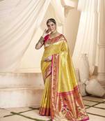 Yellow tissue silk blend saree with unstitched tissue blouse piece