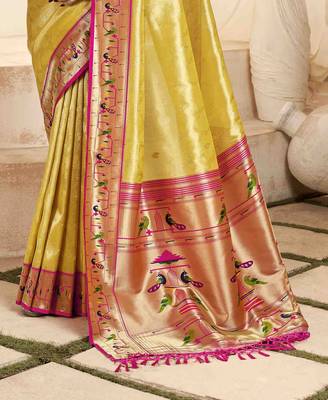 Yellow tissue silk blend saree with unstitched tissue blouse piece 3