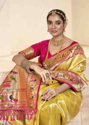 Yellow tissue silk blend saree with unstitched tissue blouse piece 4