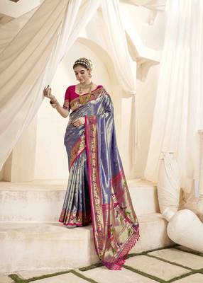 Lavender tissue silk blend saree with unstitched tissue blouse piece 1