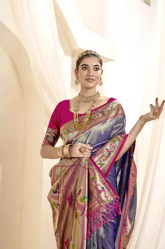 Lavender tissue silk blend saree with unstitched tissue blouse piece