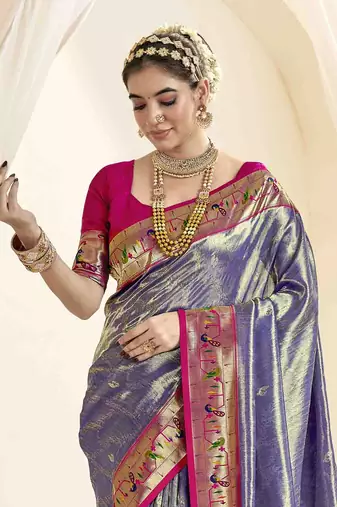 Lavender tissue silk blend saree with unstitched tissue blouse piece