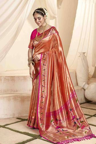 Rust tissue silk blend saree with unstitched tissue blouse piece