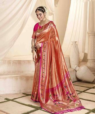 Rust tissue silk blend saree with unstitched tissue blouse piece 1