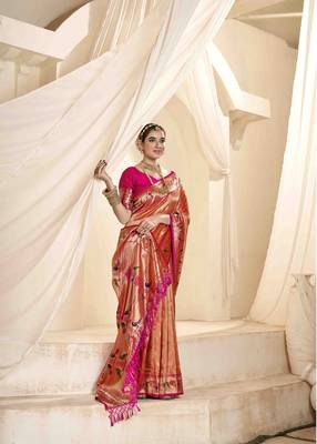Rust tissue silk blend saree with unstitched tissue blouse piece 2