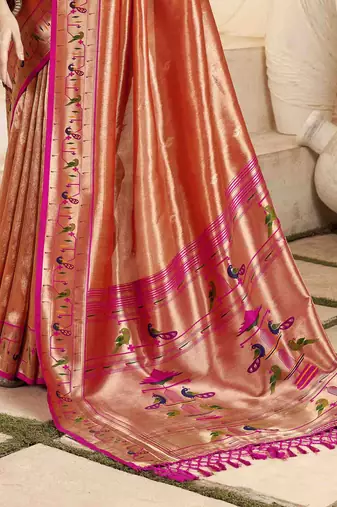 Rust tissue silk blend saree with unstitched tissue blouse piece