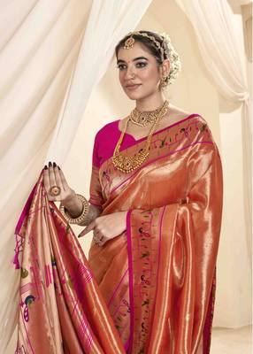 Rust tissue silk blend saree with unstitched tissue blouse piece 4