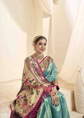Turquoise tissue silk blend saree with unstitched tissue blouse piece 2