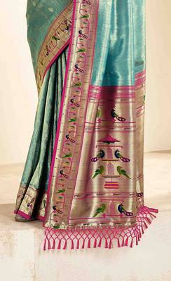 Turquoise tissue silk blend saree with unstitched tissue blouse piece 3