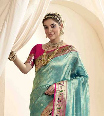 Turquoise tissue silk blend saree with unstitched tissue blouse piece 4