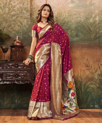 Wine silk blend saree with unstitched blouse piece 1