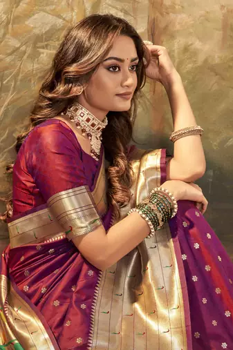 Wine silk blend saree with unstitched blouse piece