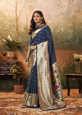 Navy blue silk blend saree with unstitched blouse piece 1