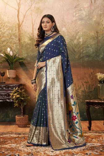 Navy blue silk blend saree with unstitched blouse piece