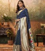 Navy blue silk blend saree with unstitched blouse piece