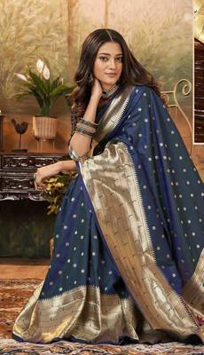 Navy blue silk blend saree with unstitched blouse piece 2